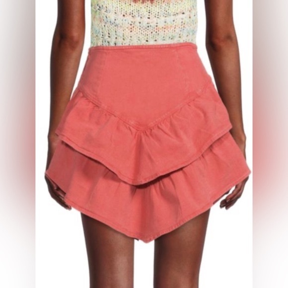 NWT MOTHER Red Ruffle Asymmetric Mini Denim Skirt- Sz 12 US - Picture 2 of 10